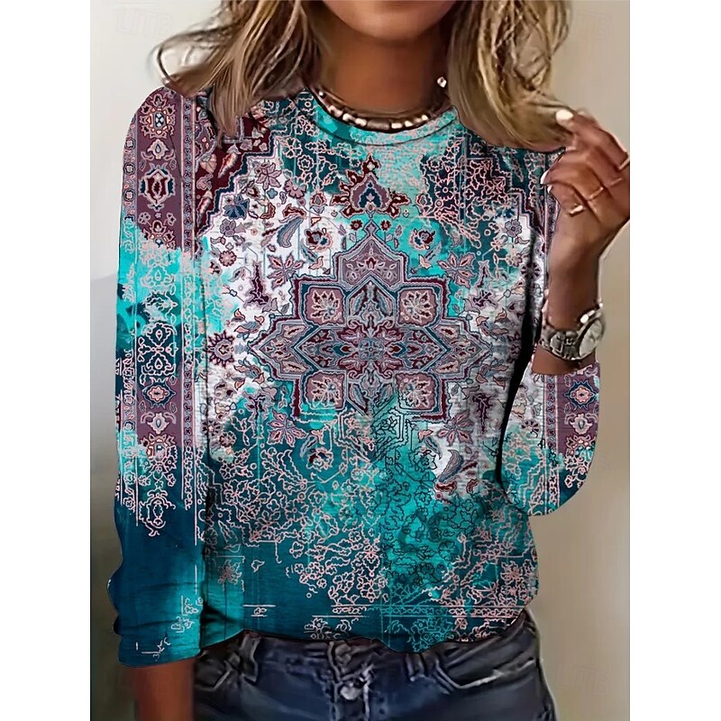 Women's T shirt Crew Neck Long Sleeve Tunic Floral Graphic Plants Vintage Stylish Classic  Round Neck Regular Tops Daily Print Black White Yellow Pink Blue Fall2