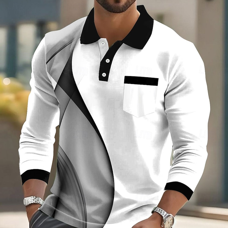 Men's Geometric Polo Long Sleeve Polo Shirts Lapel Casual Business Casual Athleisure Daily Wear Pocket 3D Print Buttons Spring Fall Lake blue Black White
