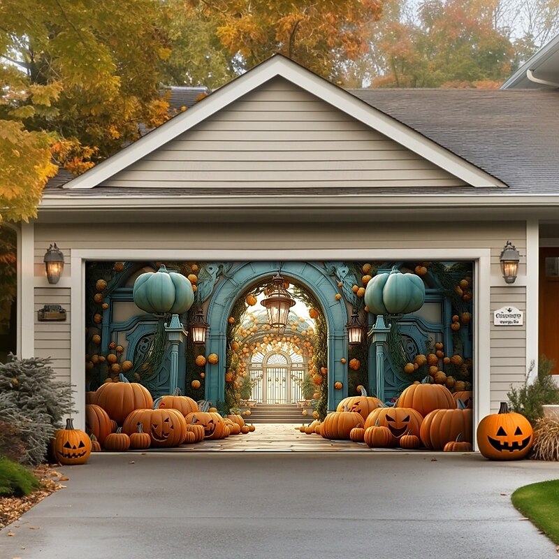 Halloween Garage Door Cover Large Hanging Backdrop Pumpkin 3D Dark Punk Gothic Style Party Outdoor Shooting Backgrounds Front Door Home Decor