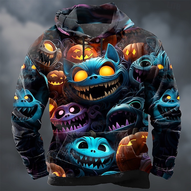 Men's Cat Pumpkin Hoodie Sweatshirt Cool Party Crew Neck Club Streetwear Yellow Blue Drawstring Fall Winter Designer