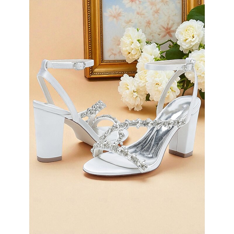 Women's White Block Heel Sandals with Rhinestone Straps - Elegant Cocktail Party Footwear4