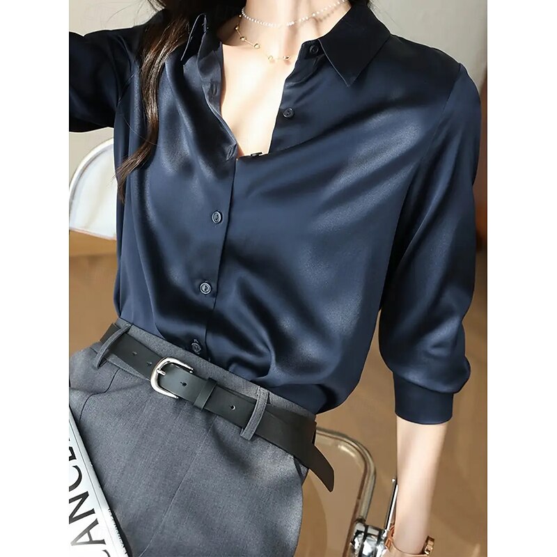 Women's Shirt Work Shirt Solid Color Graphic Elegant Stylish Casual Long Sleeve Shirt Collar Regular Tops Work Party Evening Wear Daily Glitter Pink Wine Navy Blue Camel Green Spring, Fall, Winter4