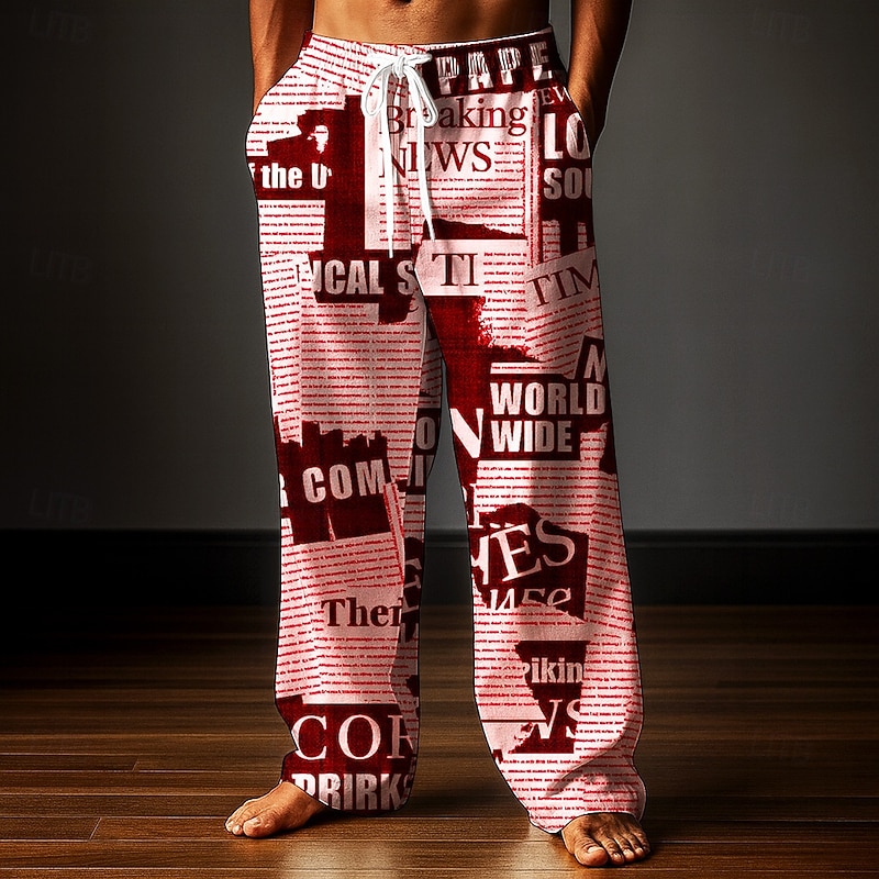 Men's Trousers Baggy Pants Casual Pants Elastic Drawstring Waist Linen-Like Pants with Pockets Newspaper Letter Print Full Length Outdoor Holiday Retro Vintage White Pink Inelastic3