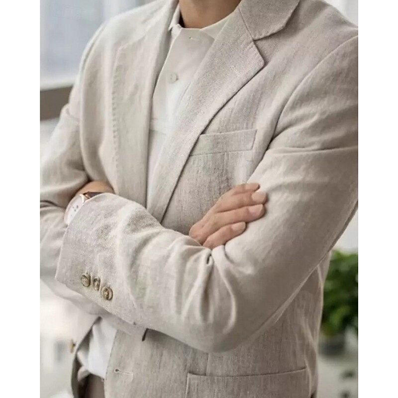 Men's Linen Blazer Blazer Business Cocktail Party Wedding Party Fashion Casual Spring Fall 30% Linen 60% Polyester Plain Pocket Buttons Comfortable Single Breasted Blazer Navy Blue Beige2