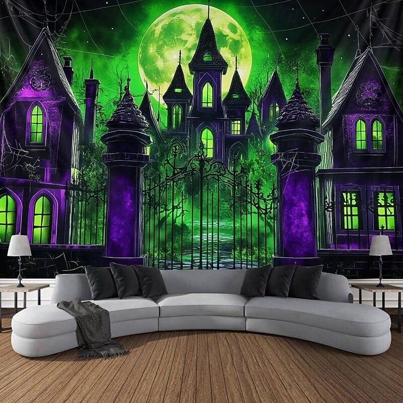 HallAoween Blacklight Tapestry UV Reactive Glow in the Dark Forest Trippy Mountain Misty Graveyard Ghost Hanging Tapestry Wall Art Mural for Living Room Bedroom3