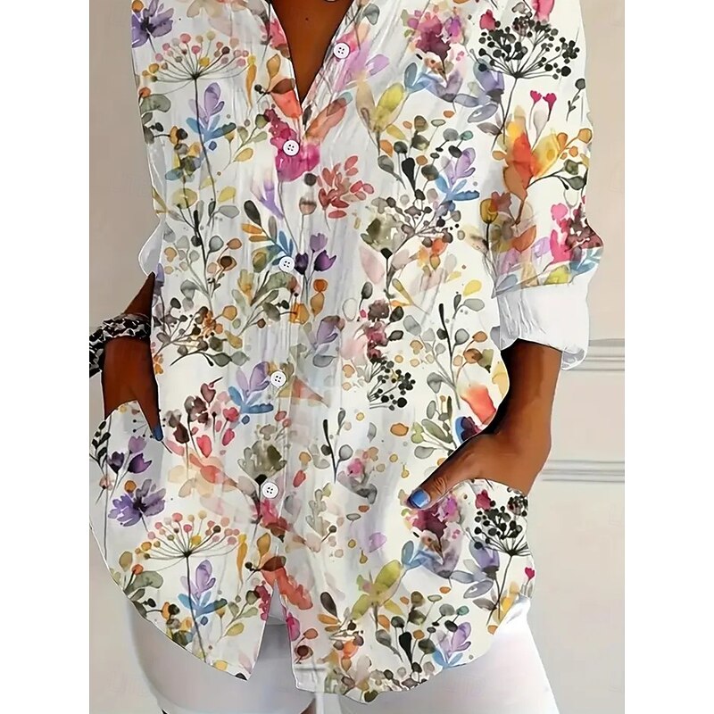 Women's Shirt Button Down Tunic Shirt Collar Long Sleeve Floral Graphic Bohemia Vintage Casual Regular Tops Work Daily Holiday s Print White Spring Fall Winter3