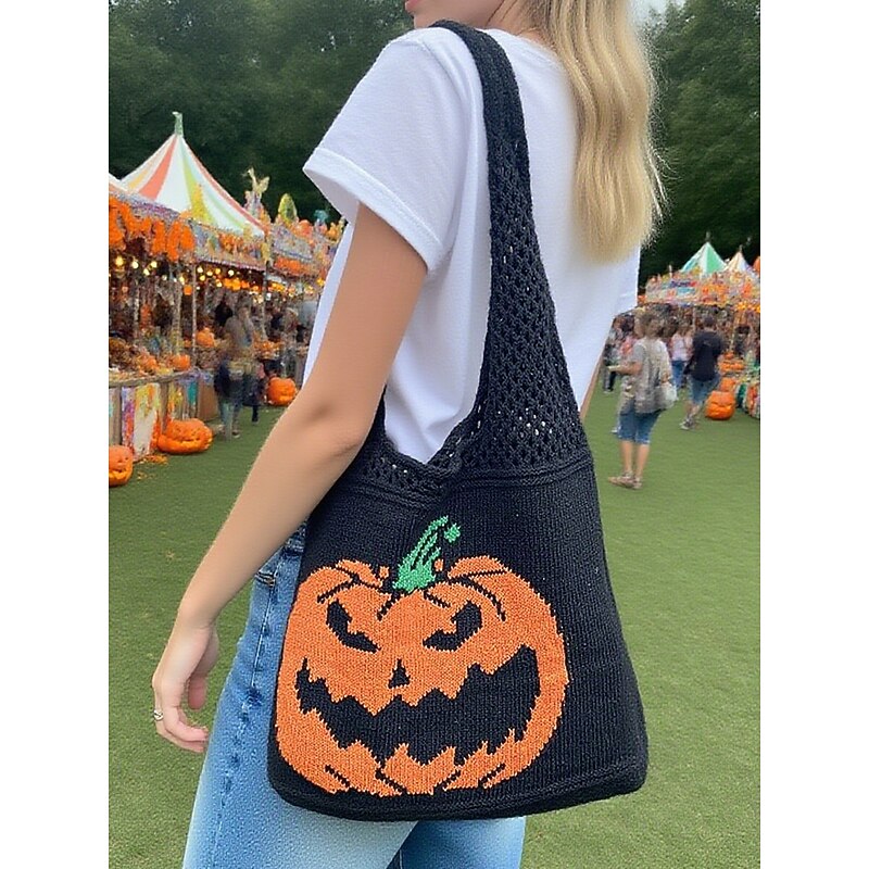 Women's Halloween Pumpkin Knit Tote Bag, Black Shoulder Handbag, Casual Trick-or-Treat Shopper for Festivals, Parties and Daily Use2