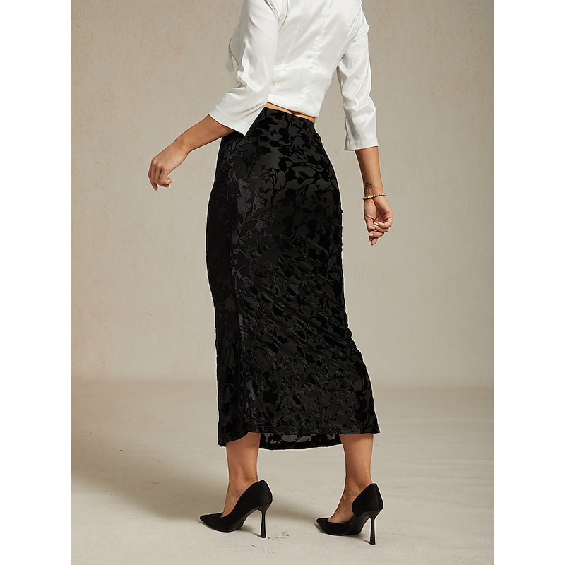 Women's Skirt Trumpet / Mermaid Elegant Vintage Maxi High Waist Skirts Stretchy Black Spring Velvet2
