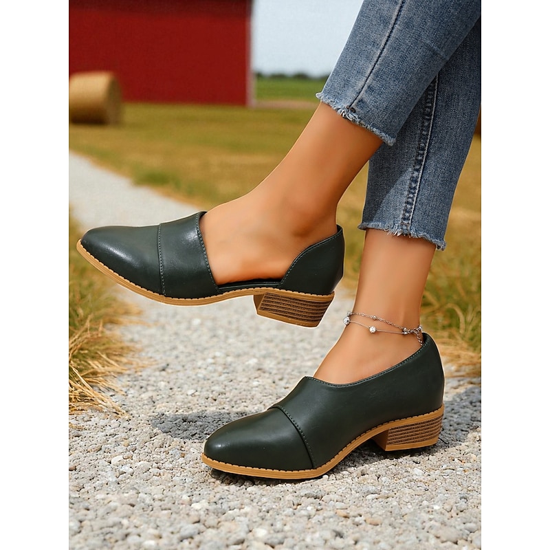 Women's Dark Green Faux Leather Block Heel Loafers – Casual Side Cut Low Heel Shoes for Work, Shopping and Outdoor Wear3