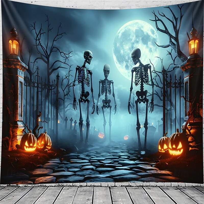 Halloween Skeleton Tapestry – Spooky Graveyard Moonlight Wall Art Backdrop with Jack-O'-Lanterns, Large Hanging Mural Blanket Curtain for Home Bedroom Living Room Decoration3