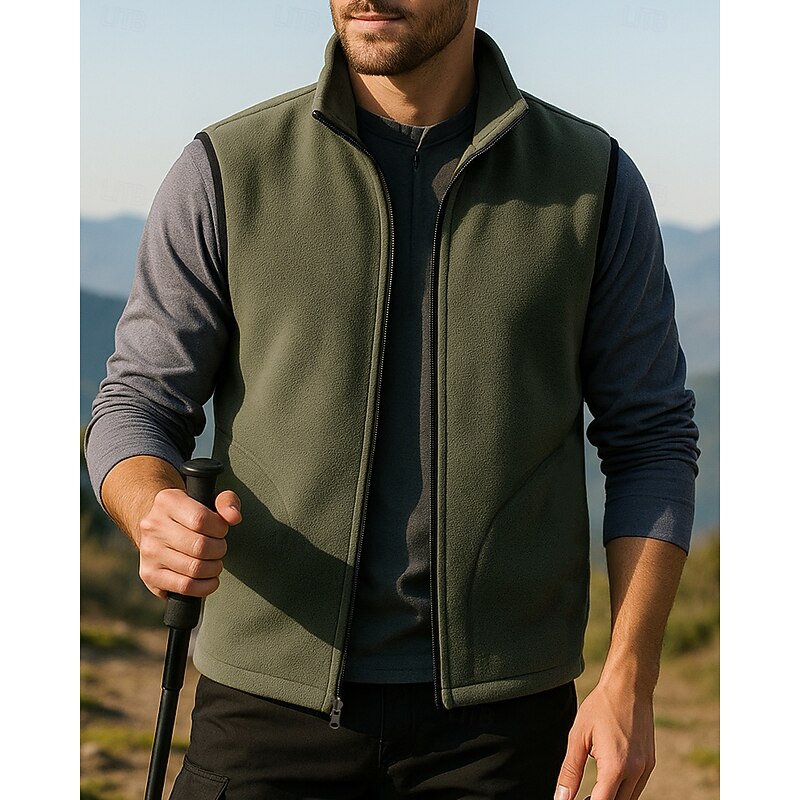 Men's Fleece Vest Sleeveless Vest Outdoor Thermal Warm Winter Full Zip Polyester Black Army Green Red Hunting Fishing Climbing2