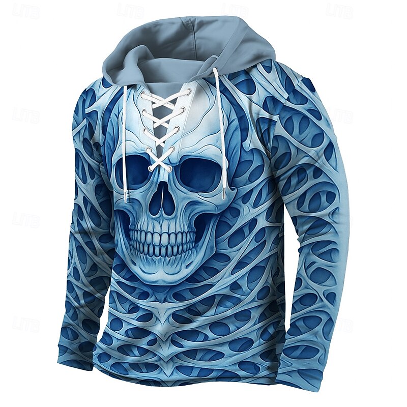 Men's Skull Hoodies Exaggerated Cool Long Sleeve Hooded Holiday Streetwear White Blue Drawstring 3D Print Fall Winter Designer4