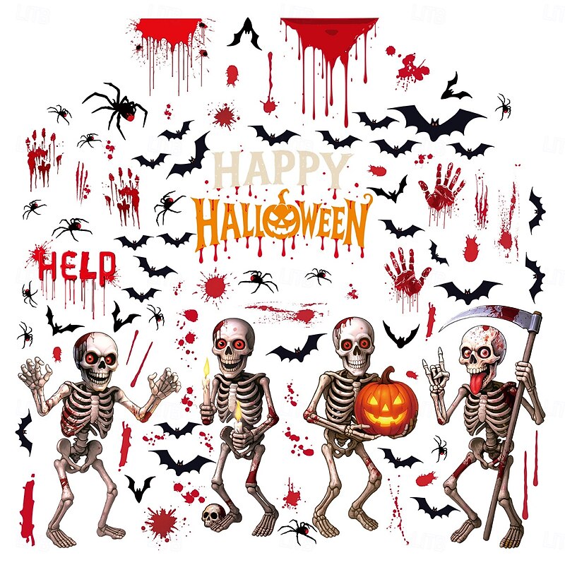 6 Sheets Halloween Window Cling Wall Sticker Decals Decorations, Creative Skulls, Bats, Pumpkins, Bloody Handprints & Spiders, Static Cling, Halloween Party Home & Store Decor4