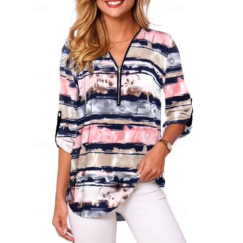 Women's Shirt Blouse Flower Modern Casual Long Sleeve V Neck Regular Tops Daily Holiday Going out Zipper Print White Pink Navy Blue Blue Camel Fall2