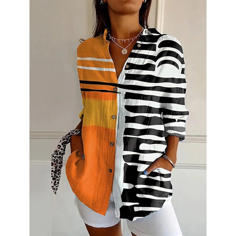 Women's Shirt Graphic Geometric Vintage Daily Casual Long Sleeve Bishop Sleeve Shirt Collar Regular Tops Daily Holiday Print Sage Green Orange Green Khaki Summer Spring2