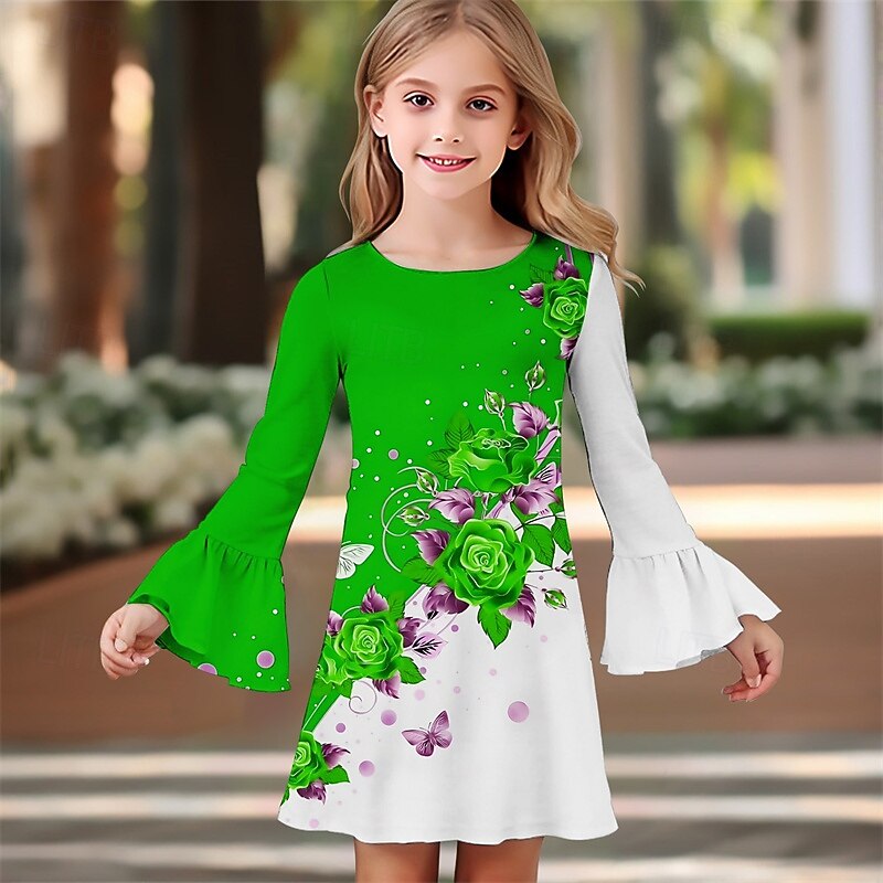 Girls' 3D Rose Dress Ruffle Dress Long Sleeve Summer Spring Vacation Daily Holiday Beautiful Sweet Kids 4-12 Years Casual Dress Knee-length Regular Fit2