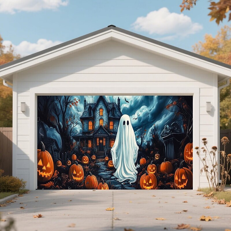 Halloween Tapestry Garage Door Cover Large Hanging Backdrop Ghost Castle Dark Punk Gothic Style Party Outdoor Shooting Backgrounds Yard Haunted House Home Decor3