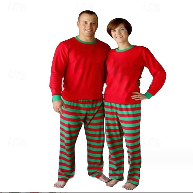 Family Pajamas Striped Home Print White Red Green Long Sleeve Active Matching Outfits3