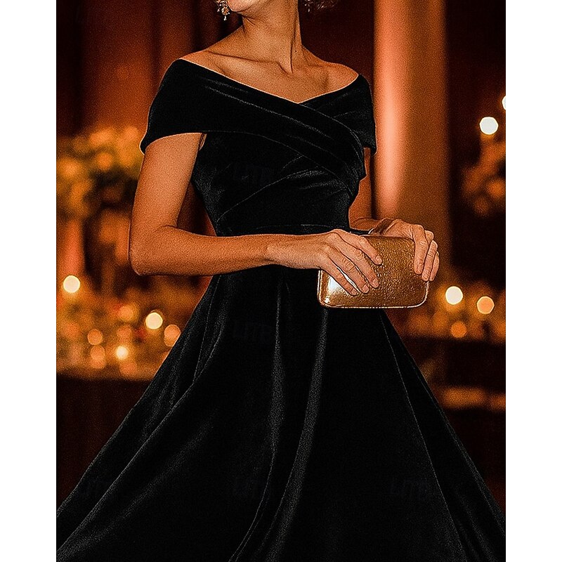 A-Line Black Cocktail Dresses Stretch Velvet Elegant Dress Formal Wedding Tea Length Midi Length Off Shoulder with Ruched 20252