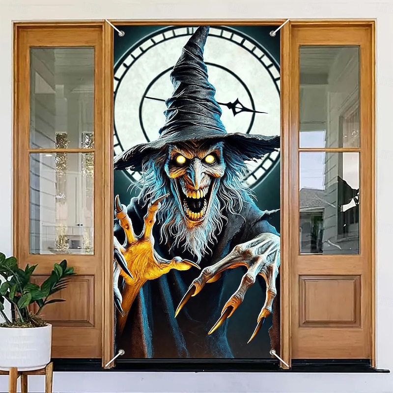 Halloween Door Cover Outdoor Banners Skeleton Witch 3D Psychedelic Dark Punk Gothic Style Party Outdoor Shooting Backgrounds Front Door Wall Porch Home Decor4