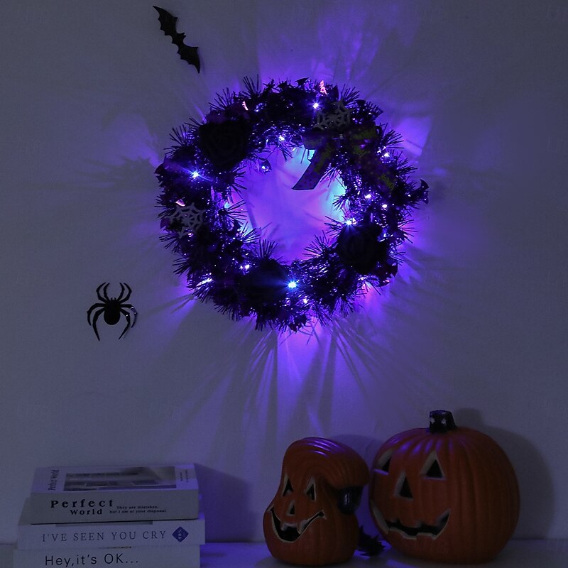 1 Pc diameter 35CM Halloween LED Rose Ghost Skull Luminous Wreath Indoor and Outdoor Entrance Door Ghost Festival Party Simulation Vine Ring Black Rose Door Hanging Vine Ring2
