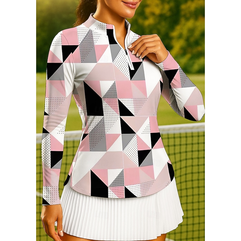 Women's Geometric Sweatshirt Tops Golf Polo Shirt Tennis Shirt Long Sleeve Print Quarter Zip Pullover UV Protection Elastic Breathable Tennis Golf Pickleball Stand Collar Zip Collar Shirt Polo Blue4