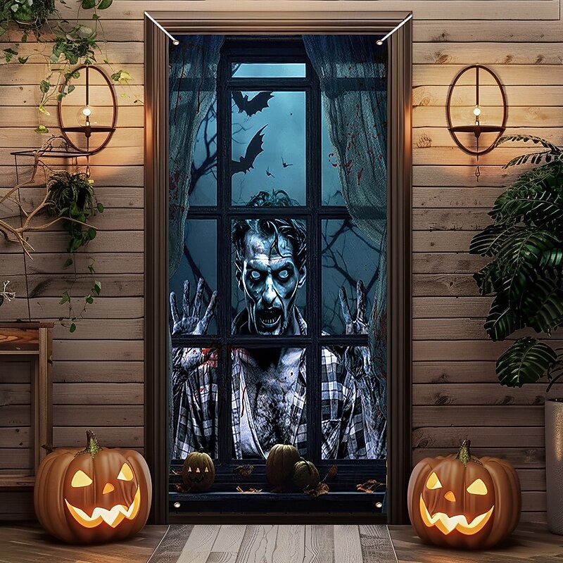 Halloween Door Cover Outdoor Banners Zombies 3D Psychedelic Dark Punk Gothic Style Party Outdoor Shooting Backgrounds Front Door Wall Porch Home Decor2