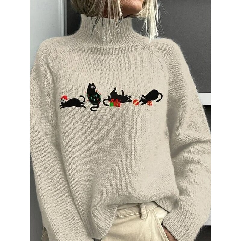 Women's Pullover Vacation Daily Tree Christmas Light Ribbed Turtleneck Knitted Print Long Sleeve Regular Tops Knit Outdoor Daily Holiday Camel Khaki Fall Winter3