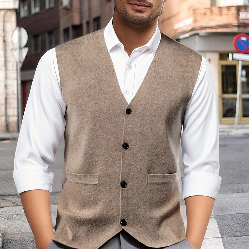 Men's Sweater Vest Dress Sweater Vest Knitwear Cardigan Vest Ribbed Knit Regular Tops Pocket Buttons Plain V Neck Fashion Classic Vacation Daily Wear Clothing Apparel Fall Winter Black Red S M L