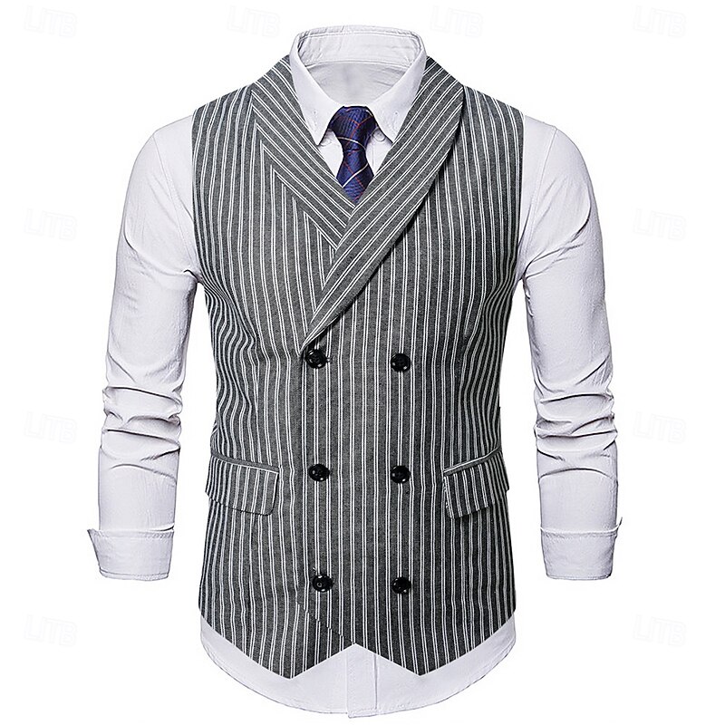 Men's Suit Vest Waistcoat Formal Wedding Party Evening Wear Casual Vintage Spring Fall Stripe Cotton Polyester Striped Double Breasted U Neck Slim Light Grey Vest2