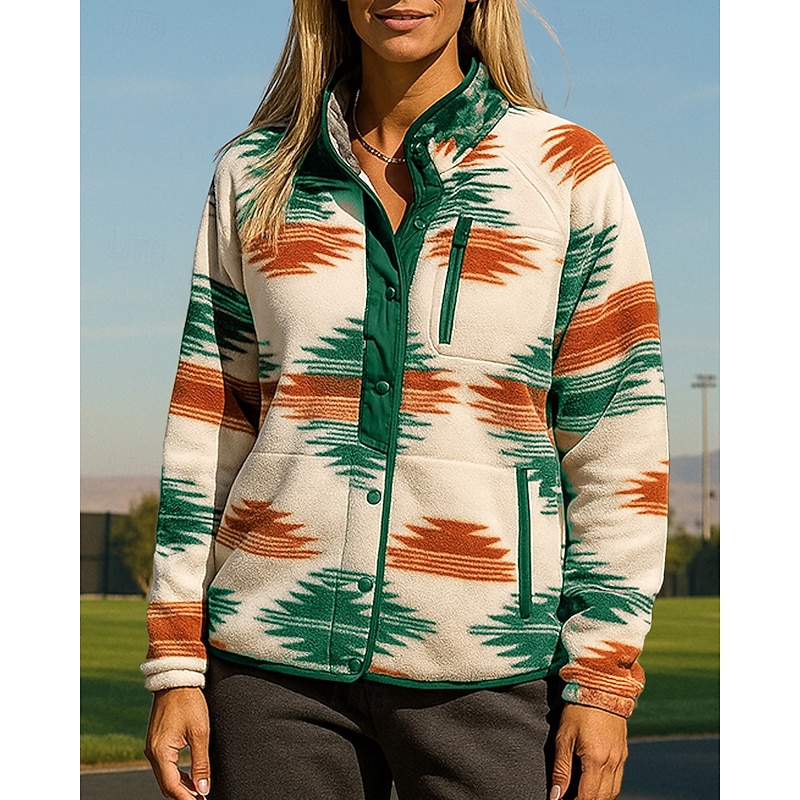 Women's Fleece Jacket outdoor coat Boho with Pockets Long Sleeve Top Athleisure Fall Patchwork Windproof Fashion Warm Outdoor Travel Sportswear Activewear Blue Orange Green4