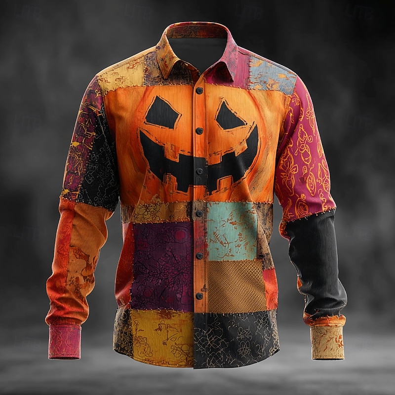 Halloween Men's Color Block Pumpkin Patchwork Shirt Button Up Shirt Long Sleeve Dark Gothic Style Holiday Streetwear Spring Fall Turndown 3D Print Linen Like Shirt Yellow Orange Green