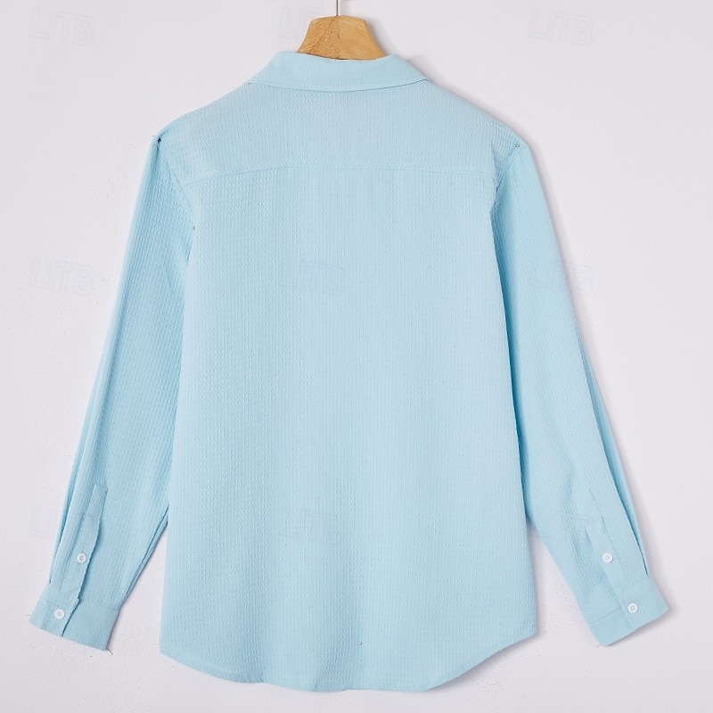 Men's Shirt Waffle Shirt Summer Shirt Casual Shirt Button Up Shirt Black White khaki Light Blue Long Sleeve Plain Textured Lapel Vacation Casual Clothing Apparel Fashion Casual Comfortable4