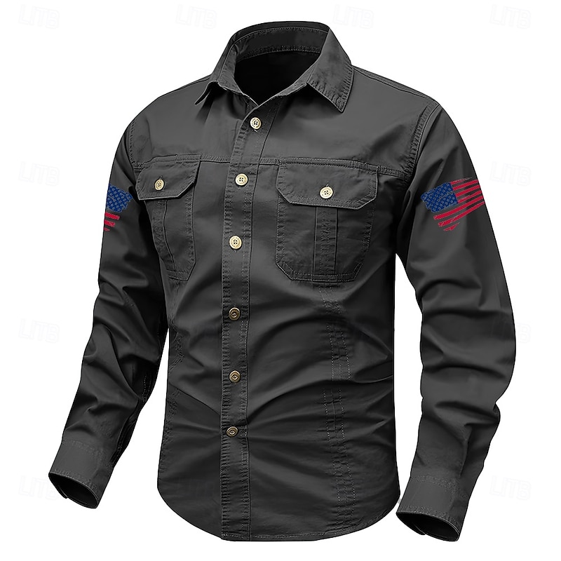 Men's American US Flag Work Shirt Western Shirt Cargo Shirt Long Sleeve Tactical Vintage Retro Sports Outdoor WorkWear Spring Fall Turndown Front Two Pockets Button Up Shirts Black Army Green Blue2