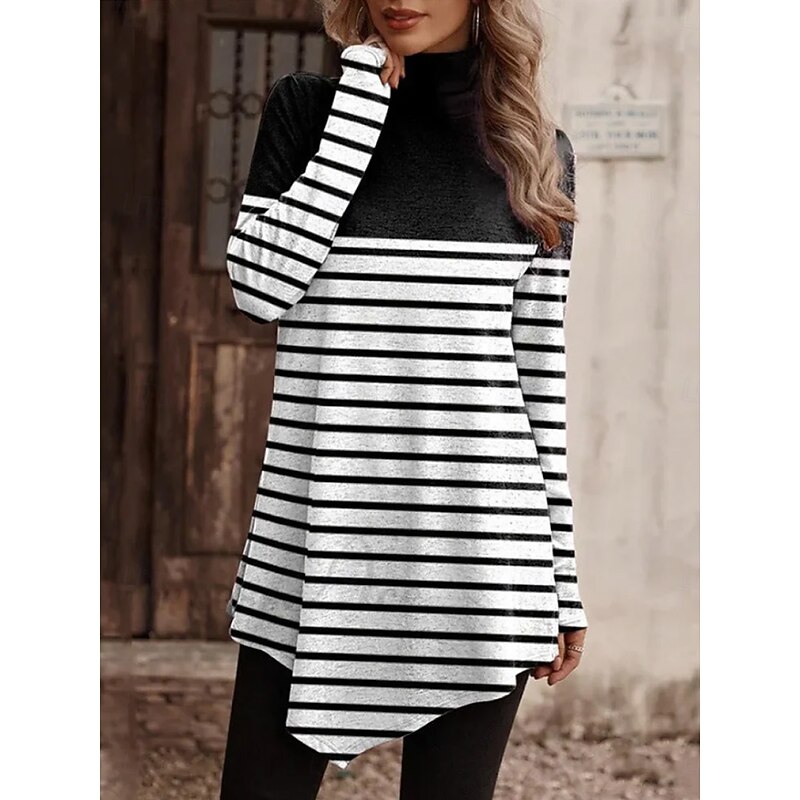 Women's T Shirt Floral Graphic Plants Casual Long Sleeve Turtleneck Long Tops Daily Print Asymmetrical Black and White Red Green Spring Fall3