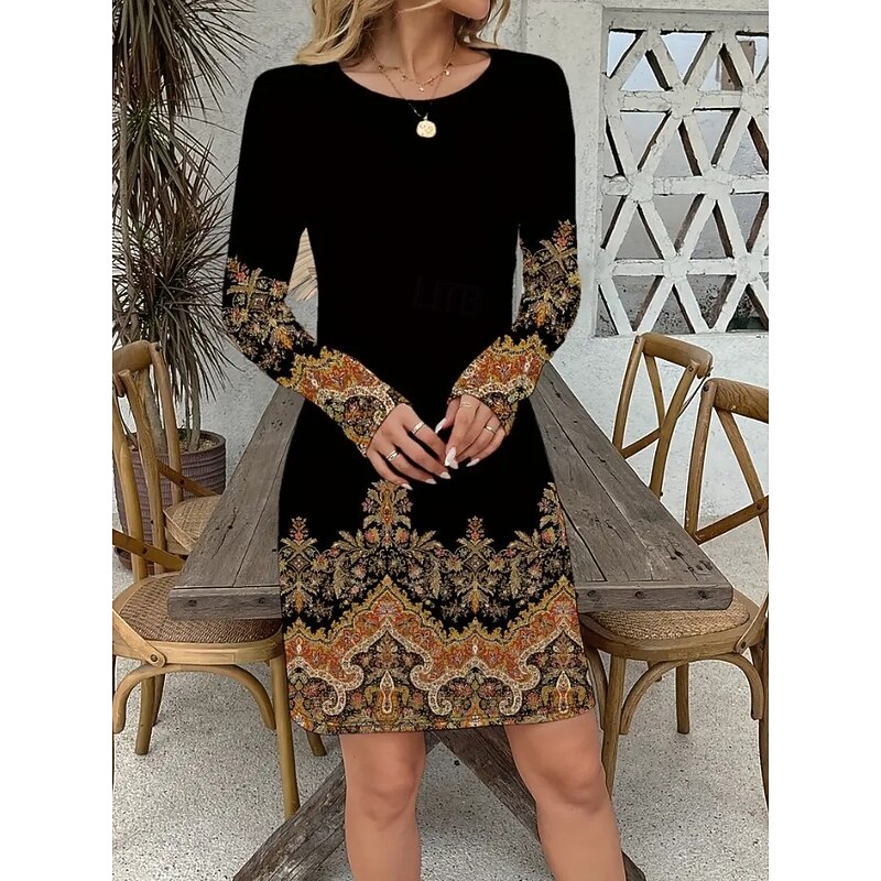 Women's Mini Dress Corset Dress Vacation Casual Boho Birthday Daily Holiday Regular Fit Graphic Paisley Tribal Long Sleeve Crew Neck Black Gold Gray Spring Fall Winter2