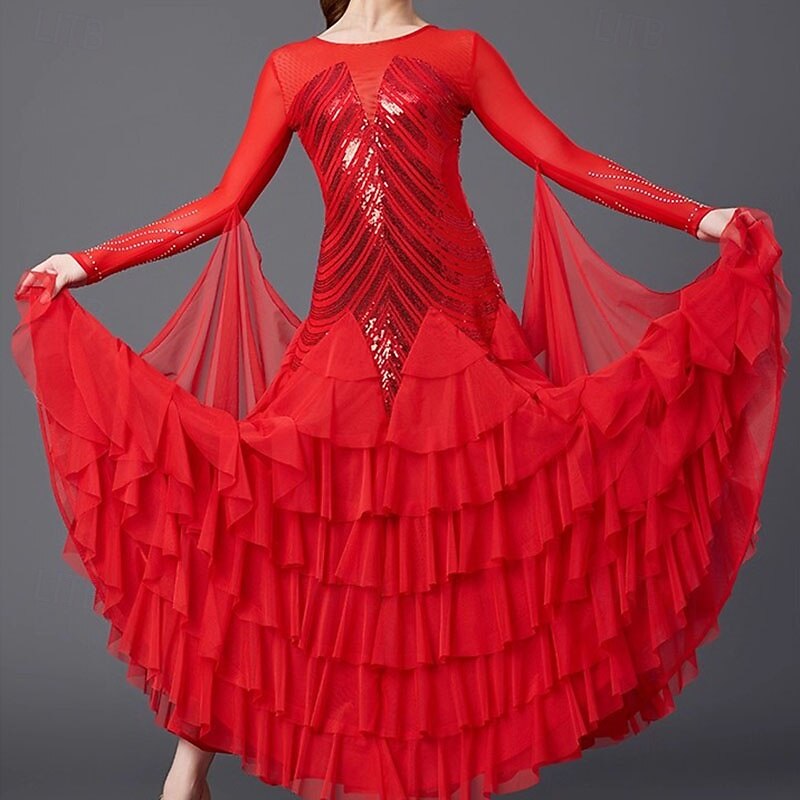 Ballroom Dance Dress Sequins Women's Performance Party Long Sleeve Linen Cotton Blend3