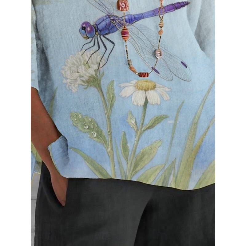 Women's Shirt Floral Dragonfly Daily Casual 3/4 Length Sleeve Crew Neck Regular Tops Daily Holiday Print Green Summer Spring Fall2