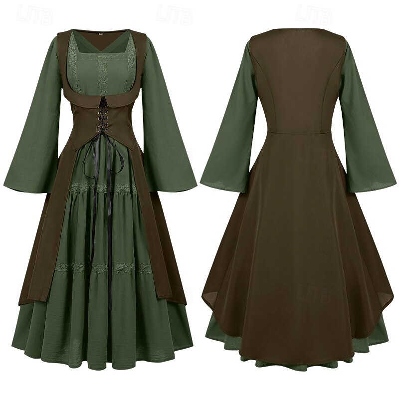 Retro Vintage Medieval Renaissance Dress Chemise OverDress Bell Sleeve Viking Celtic Knight Square Neck Fancy Dress Women's Celtic Fantasy Halloween Carnival Performance Party LARP Adults Dress2