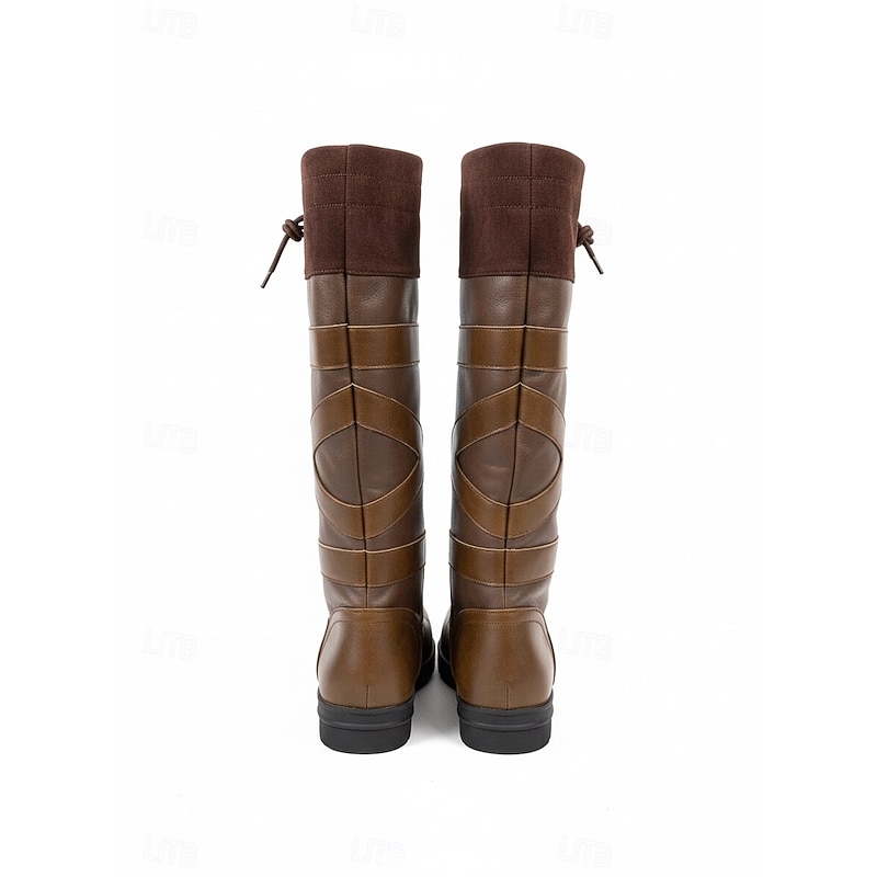 Women's Brown Faux Leather Riding Boots with Adjustable Drawstring - Tall Outdoor Equestrian Boots for Winter and Casual Wear3
