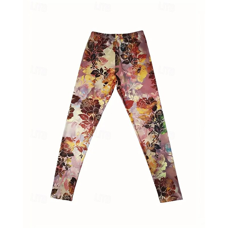 Women's Pants Trousers Leggings Cozy Leggings Streetwear Casual Full Length High Waist Floral Elastic Waist Print Breathability Comfortable Stretchy Vacation Street Daily Wear Orange Green Spring Fall3