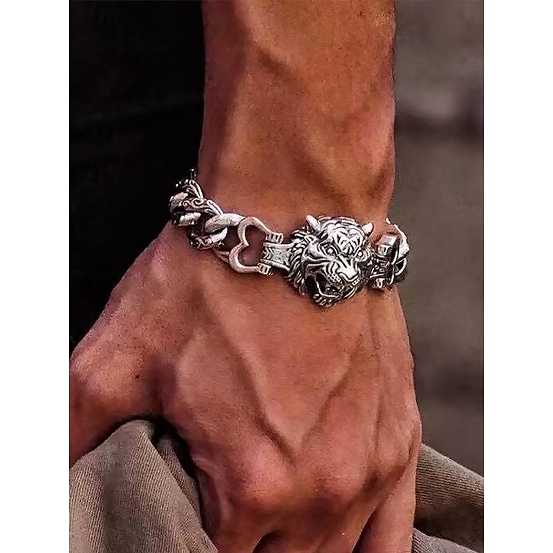 Men's Halloween Tiger Head Bracelet - Vintage Gothic Zinc Alloy Chain Jewelry for Biker, Punk, Cosplay and Party Outfits