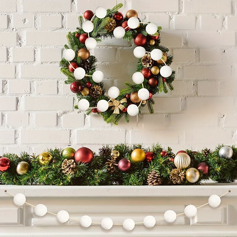 3pcs Christmas White Pom Pom Garland, Felt Ball Hanging Decorations, Christmas Holiday Decor, Festive Atmosphere Ornaments3