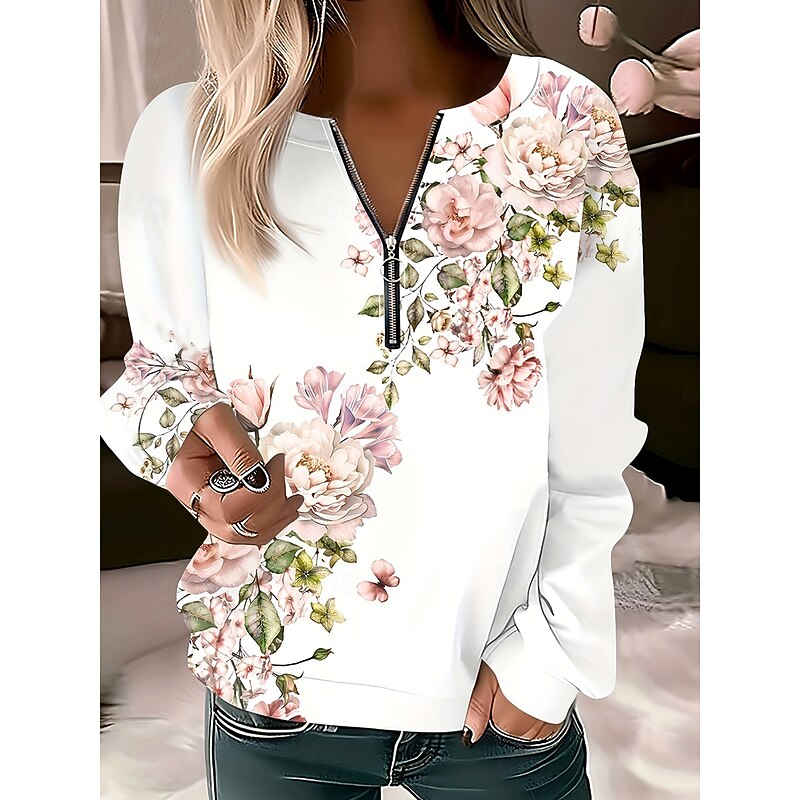 Women's Pullover Sweatshirt Zip Up Sweatshirts Floral Graphic Fashion Casual Long Sleeve Crew Neck Regular Tops Street Dailywear Zipper Print Light Pink Spring Fall Winter