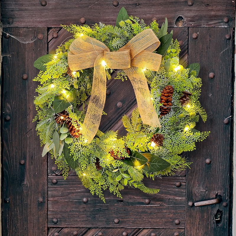 Christmas Wreath for Front Door Xmas Indoor Outdoor Decoration with Burlap Bow Lighted Pine Cone Rattan Garland for Window Shop Mall Holiday Party Display3