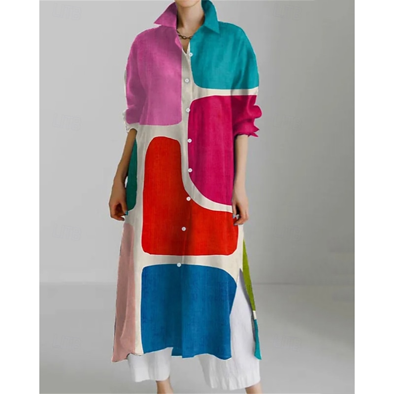Women's Long Dress Maxi Dress Shirt Dress Casual Dress Print Dress Fashion Modern Daily Weekend Regular Fit Geometric Flower Long Sleeve Shirt Collar Yellow Red Blue Khaki Spring Fall3