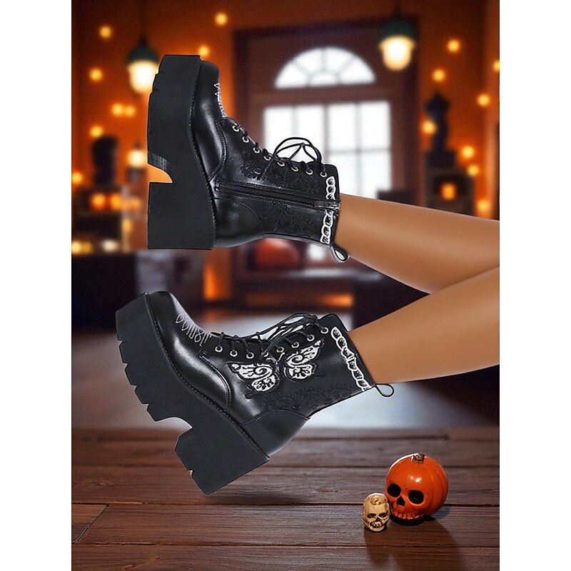 Women's Black Chunky Halloween Lace-Up Platform Boots with Butterfly Embroidery - Goth Streetwear Ankle Boots for Spooky Party and Daily Edgy Outfits4