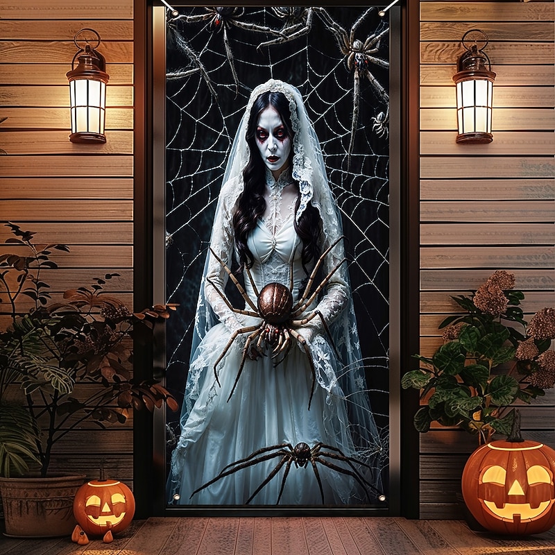 Halloween Door Cover Outdoor Banners Ghost Bride Spider Psychedelic Dark Punk Gothic Style Party Outdoor Shooting Backgrounds Front Door Wall Porch Home Decor