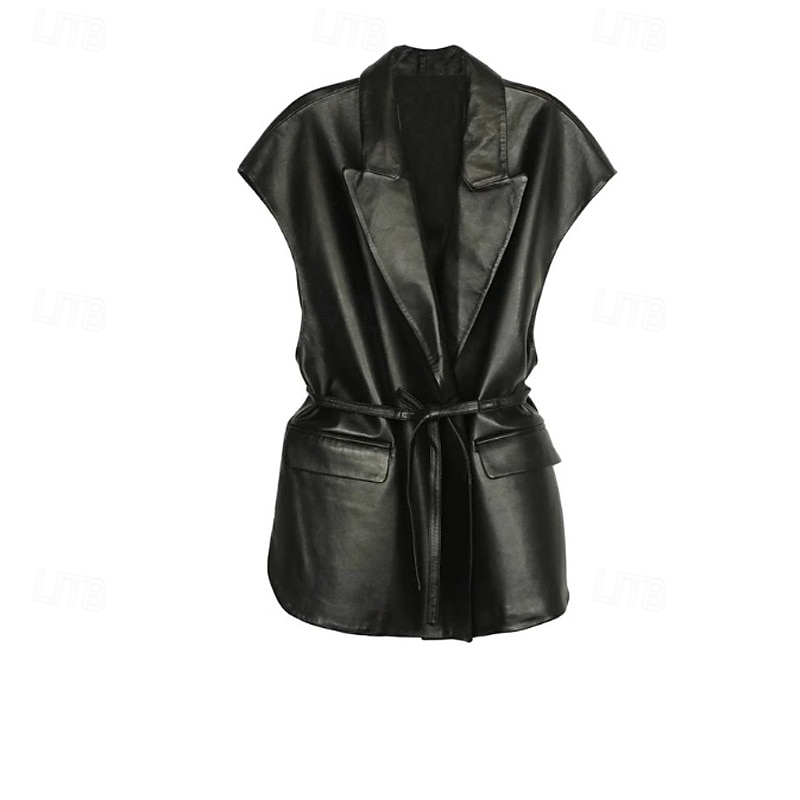 Women's Faux Leather Jacket Vest Comfortable Lace up Pocket Fashion Plain Outdoor Holiday Daily Wear Going out Open Front Long Turndown Regular Fit Sleeveless Outerwear Black Camel Winter2
