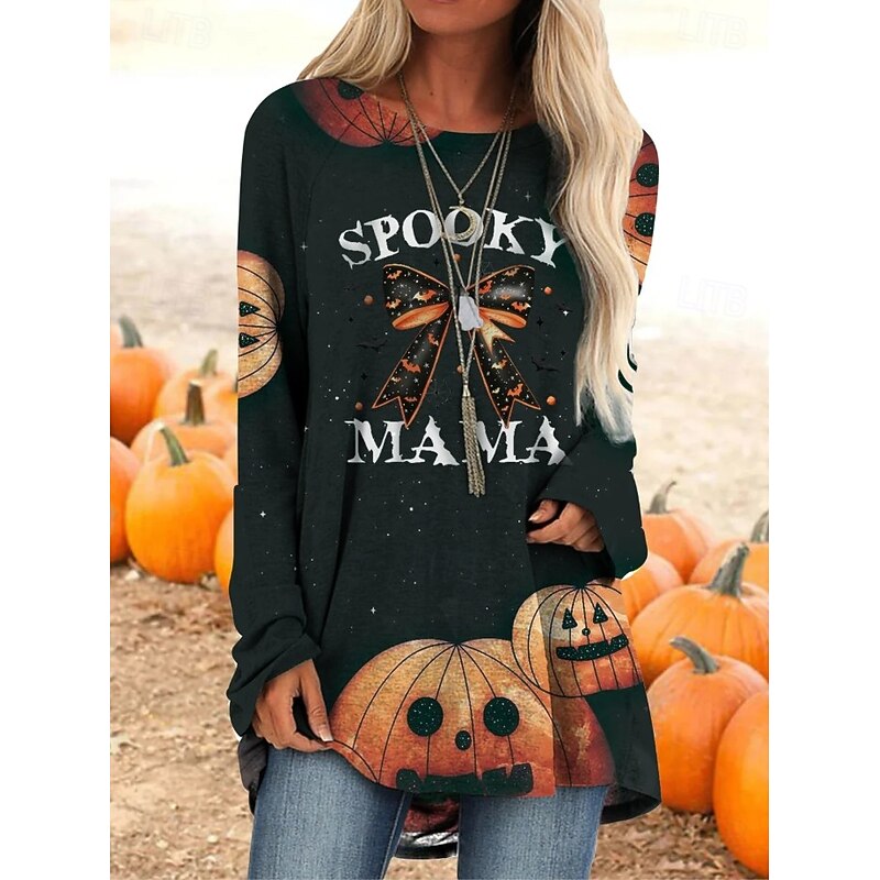 Halloween Women's T shirt Pumpkin Long Sleeve Graphic Vintage Stylish Classic Long Sleeve Crew Neck Round Neck Regular Tops Daily Print Black Orange Spring Fall Prefall2